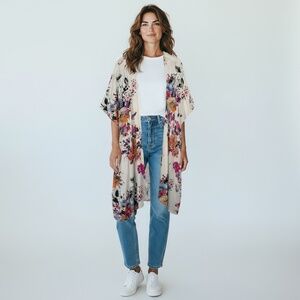 Umgee USA Floral Print Open Front Long Kimono Size L/XL Beach Vacation Boho